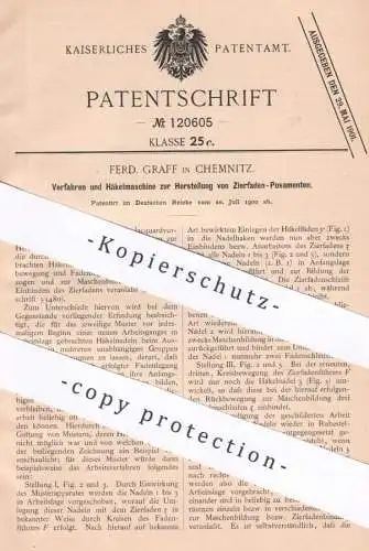 original Patent - Ferd. Graff , Chemnitz , 1900 , Häkelmaschine für Zierfaden - Posamente | Häkeln | Stricken