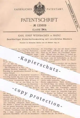 original Patent - Karl Josef Weinbacher , Mainz , 1899 , Sicherheitsumschlag | Briefumschlag , Umschlag | Post , Brief !