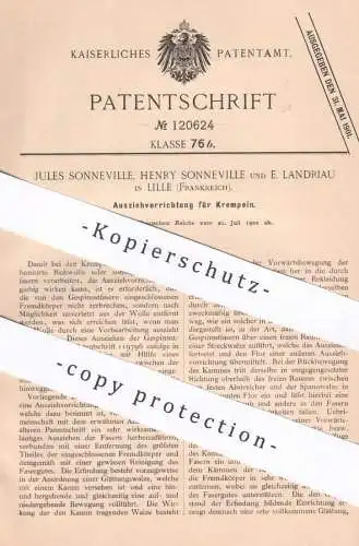 original Patent - Jules u. Henry Sonneville , E. Landriau , Lille , Frankreich , 1900 , Ausziehvorrichtung für Krempeln