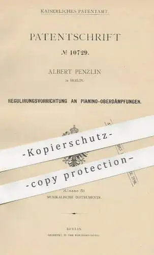 original Patent - Albert Penzlin , Berlin , 1880 , Regulierung an Pianino - Oberdämpfung | Piano , Klavier , Musik !!