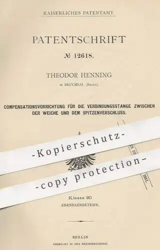 original Patent - Theodor Henning , Bruchsal / Baden , 1880 , Weiche , Weichen | Eisenbahn , Eisenbahnen , Bahn !!!