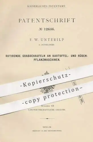 original Patent - F. W. Unterilp , Düsseldorf , 1880 , Grabschaufeln an Kartoffel- u. Rübenpflanzmaschinen | Schaufeln