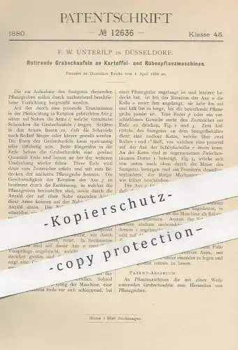 original Patent - F. W. Unterilp , Düsseldorf , 1880 , Grabschaufeln an Kartoffel- u. Rübenpflanzmaschinen | Schaufeln