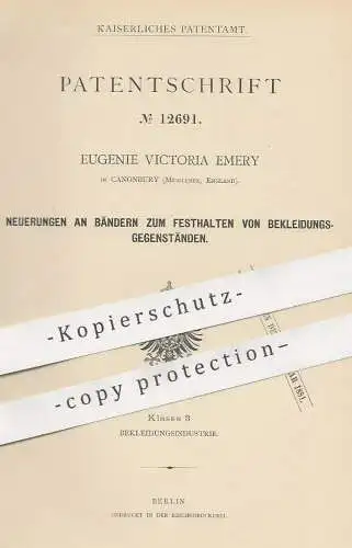 original Patent - Eugenie Victoria Emery , Canonbury Middlesex , England , 1880 , Band , Strumpfband | Schneider , Mode