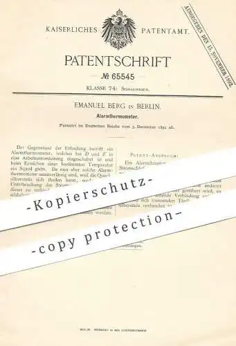 original Patent - Emanuel Berg , Berlin , 1891 , Alarmthermometer | Thermometer | Alarm , Signal | Quecksilber !!