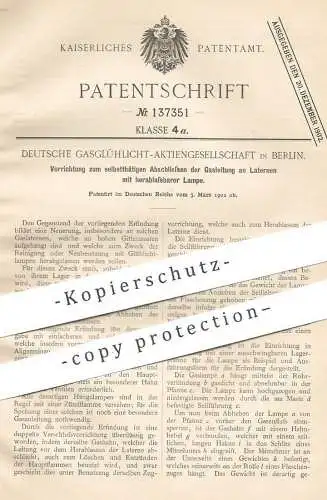 original Patent - Deutsche Gasglühlicht AG , Berlin , 1902 , Abschließen der Gasleitung an Laternen | Laterne , Gas