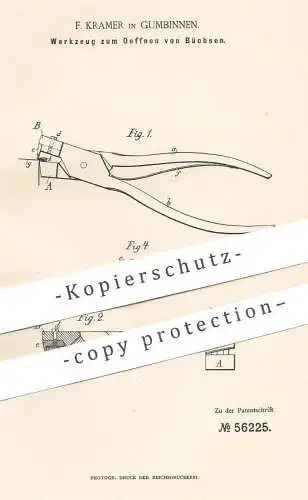 original Patent - F. Kramer , Gumbinnen , 1890 , Werkzeug zum Öffnen von Büchsen | Dosenöffner , Blech , Dose , Büchse