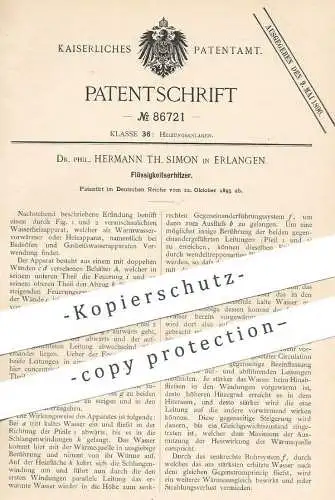 original Patent - Dr. Phil. Hermann Th. Simon , Erlangen , 1895 , Flüssigkeitserhitzer | Badeofen , Heizung , Gas !!!