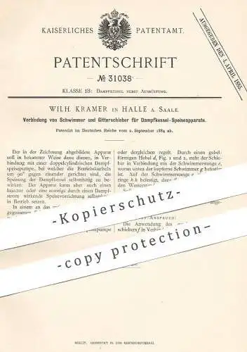 original Patent - Wilh. Kramer , Halle / Saale , 1884 , Verbinder an Dampfkessel - Speiseapparat | Kessel