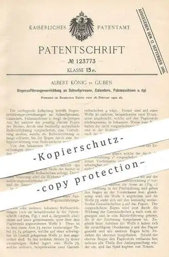 original Patent - Albert König , Guben , 1900 , Bogenzuführung an Schnellpresse , Calander , Falzmaschine | Presse !!!