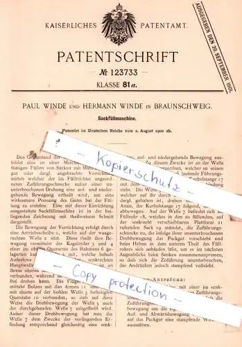 original Patent - Paul und Hermann Winde in Braunschweig , 1900 , Sackfüllmaschine !!!