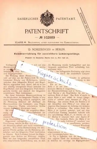 original Patent - D. Schlesinger in Berlin , 1898 ,  Hemmvorrichtung für Lampengestänge !!!