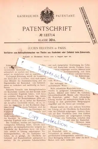 original Patent -  L. Eilertsen in Paris , 1900 , Verfahren zum Antiseptischmachen von Theilen aus Kautschuk !!!