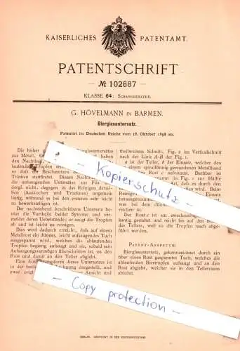 original Patent - G. Hövelmann in Barmen , 1898 ,  Bierglasuntersatz !!!