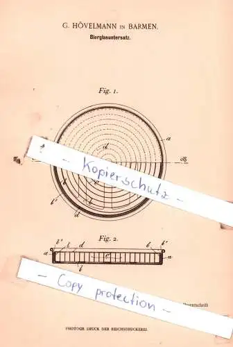 original Patent - G. Hövelmann in Barmen , 1898 ,  Bierglasuntersatz !!!