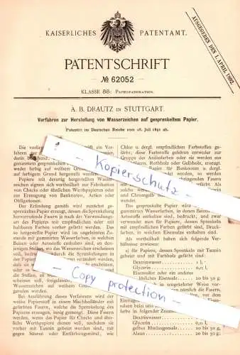 original Patent - A. B. Drautz in Stuttgart , 1891 , Papierfabrikation !!!