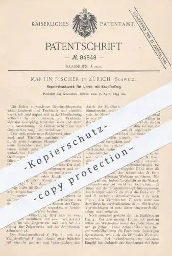 original Patent - Martin Fischer , Zürich , Schweiz , 1895 , Repetierdruckwerk für Uhren mit Knopfaufzug | Uhr , Uhrwerk