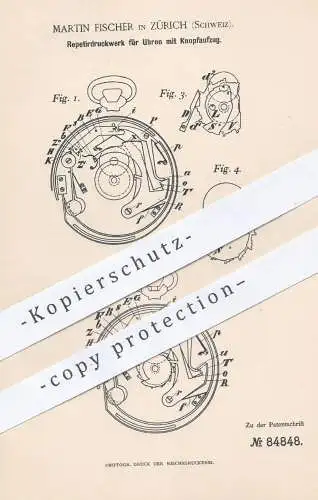 original Patent - Martin Fischer , Zürich , Schweiz , 1895 , Repetierdruckwerk für Uhren mit Knopfaufzug | Uhr , Uhrwerk