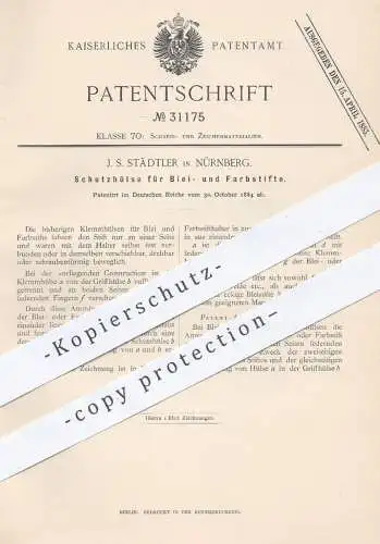 original Patent - J. S. Städtler in Nürnberg , 1884 , Schutzhülse für Bleistift , Farbstift , Buntstift , Stift , Stifte