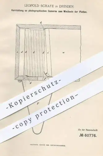 original Patent - Leopold Schaye , Dresden , 1891 , Wechseln der Platten bei Fotokamera | Kamera , Fotograf , Foto !!!