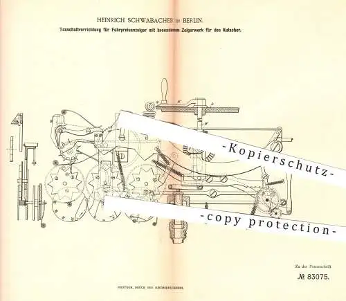 original Patent - Heinrich Schwabacher in Berlin , 1894 , Taxameter für Kutschen und Fuhrwerke | Zeigerwerk , Uhrwerk