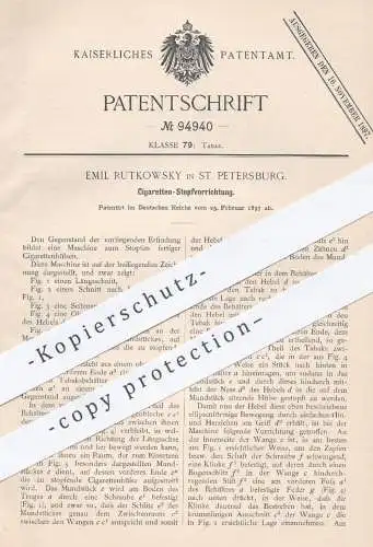 original Patent - Emil Rutkowsky , St. Petersburg , Russland , 1897 , Zigaretten - Stopfvorrichtung | Tabak , Rauchen !