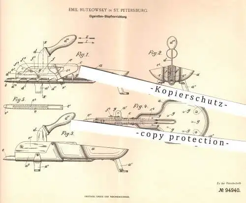 original Patent - Emil Rutkowsky , St. Petersburg , Russland , 1897 , Zigaretten - Stopfvorrichtung | Tabak , Rauchen !