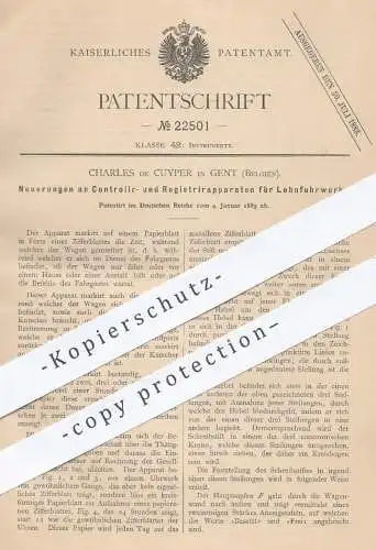 original Patent - Charles de Cuyper , Gent , Belgien , 1883 , Taxameter für Lohnfuhrwerke , Kutschen , Droschken !!!