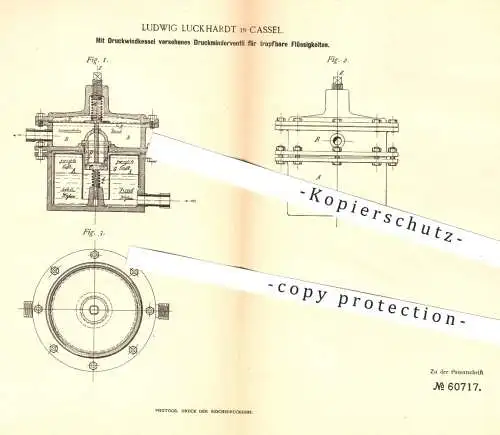 original Patent - Ludwig Luckhardt , Kassel , 1891 , Druckminderventil mit Druckwindkessel | Ventil , Ventile , Kessel !