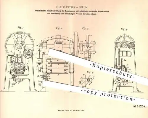 original Patent - H. & W. Pataky , Berlin , 1894 , Pneumatische Schaltung für Ziegelpressen | Ziegel , Presse , Pressen