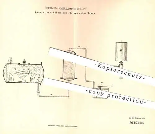 original Patent - H. Averkamp , Berlin , 1894 , Pökeln von Fleisch unter Druck | Pökelfleisch , Fleischer , Schlachter !