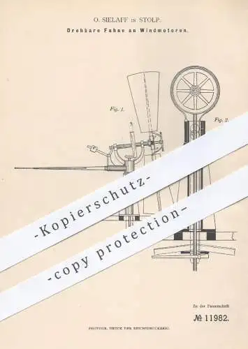 original Patent - O. Sielaff in Stolp , Pommern , 1880 , Drehbare Fahne an Windmotoren | Windrad , Windkraft , Motoren !