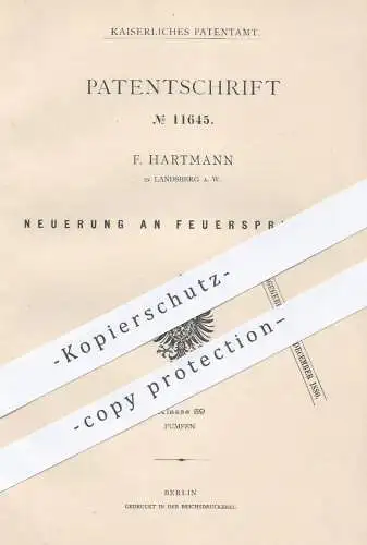 original Patent - F. Hartmann in Landsberg , 1880 , Feuerspritzen | Feuerwehr , Spritze , Wasserspritze , Pumpe , Pumpen