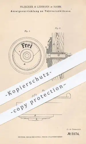 original Patent - Pilzecker & Lehmann in Hamm , 1878 , Anzeige an Türverschlüssen | Türschloss , Tür , Türen , Schlosser