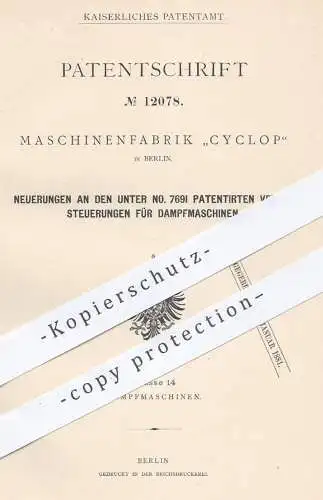 original Patent - Maschinenfabrik Cyclop , Berlin 1880 , Ventilsteuerungen für Dampfmaschinen | Motor , Motoren , Ventil