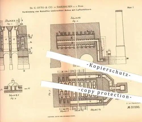 original Patent - Dr. C. Otto & Co. , Dahlhausen / Ruhr , 1884 , Koksofen , Koksöfen | Koks , Kohle , Brennstoff , Ofen