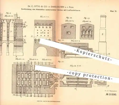 original Patent - Dr. C. Otto & Co. , Dahlhausen / Ruhr , 1884 , Koksofen , Koksöfen | Koks , Kohle , Brennstoff , Ofen