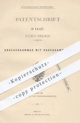 original Patent - Julius Tielsch , Berlin 1880 , Räucherkammer mit Rauchsammler | Räucherofen , Fleisch & Fisch Räuchern