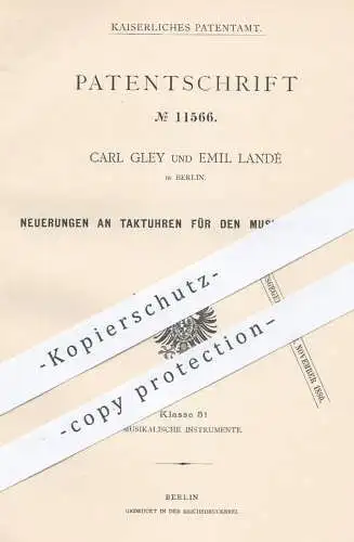 original Patent - Carl Gley , Emil Landé , Berlin , 1880 , Taktuhr für Musikintrumente | Takt , Uhr , Musik , Schiefer