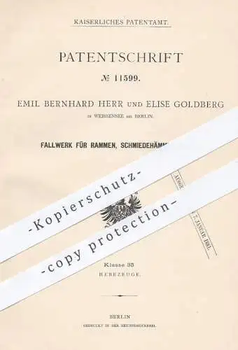 original Patent - Emil Bernhard Herr | Elise Goldberg , Weissensee / Berlin 1880 , Fallwerk für Rammen , Schmiedehammer