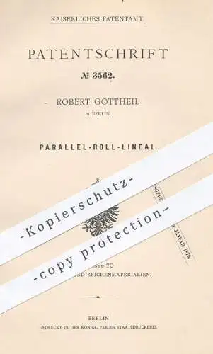 original Patent - Robert Gottheil , Berlin , 1878 , Lineal für parallele Linien | Zeichnen , Schreiben , Geometrie !!!