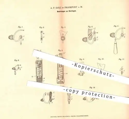 original Patent - A. F. Goll in Frankfurt am Main , 1878 , Ohrring , Ohrringe | Schmuck , Goldschmied , Gold !!!