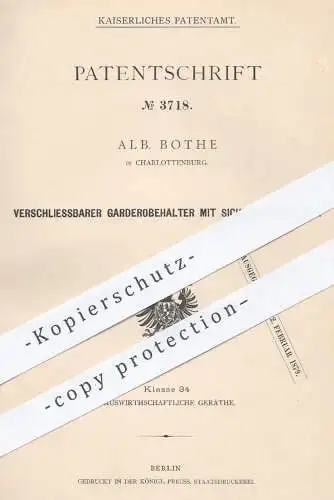 original Patent - Alb. Bothe , Berlin Charlottenburg , 1878 , Garderobehalter mit Schloss | Garderobe , Kleiderhaken !!!