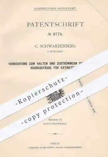 original Patent - C. Schwarzenberg , München , 1878 , Säuregefäße für Extinkteure | Arznei , Glas , Gefäße , Medikamente