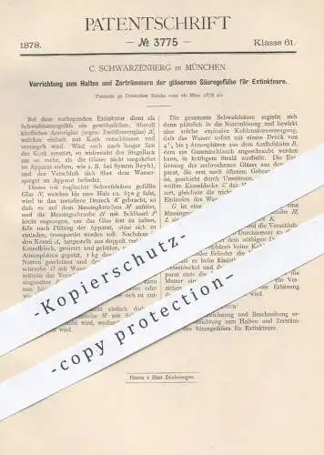 original Patent - C. Schwarzenberg , München , 1878 , Säuregefäße für Extinkteure | Arznei , Glas , Gefäße , Medikamente