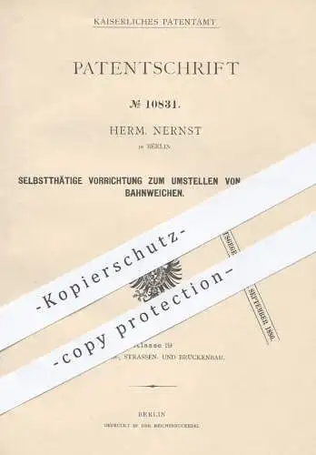 original Patent - Herm. Nernst in Berlin , 1880 , Umstellen von Straßenbahnweichen | Straßenbahn , Eisenbahn , Weichen