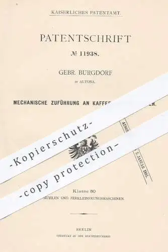 original Patent - Gebr. Burgdorf , Hamburg Altona , 1880 , Kaffee - Verlesetisch mit Zuführung | Kaffeerösterei , Mühle