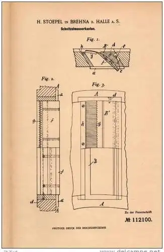 Original Patentschrift - H. Stoepel in Brehna - Sandersdorf b. Halle a.S. , 1897 , Schnitzelmesserkasten , Roitzsch !!!