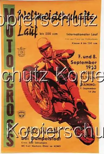 Plakat Moto Cross Weltmeisterschaft 1963 , "Alte Warth" bei Gumpelstadt ,54x83cm sehr selten , Motocross , Motorsport WM