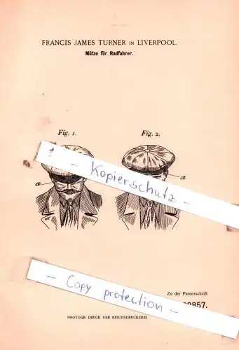 original Patent - Francis James Turner in Liverpool , 1898 , Mütze für Radfahrer !!!